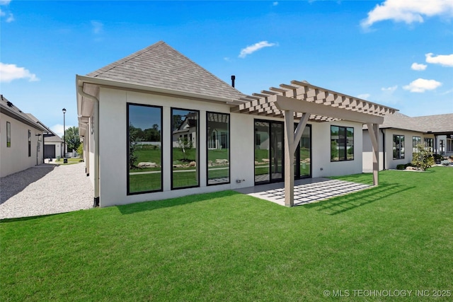 1227 N 71st Pl, Broken Arrow, OK 74014 - back of property with a pergola, a lawn, a patio, a shingled roof, and stucco siding