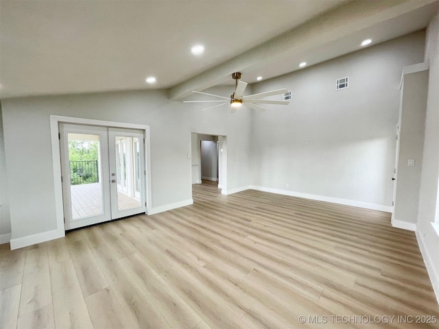 228 W Hickory Dr, Sand Springs, OK 74063 - unfurnished living room with lofted ceiling, french doors, a ceiling fan, light wood-type flooring, and recessed lighting