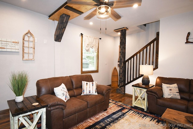 35870 S Talon Dr, Cookson, OK 74427 - living area featuring wood finished floors, ceiling fan, recessed lighting, and stairway
