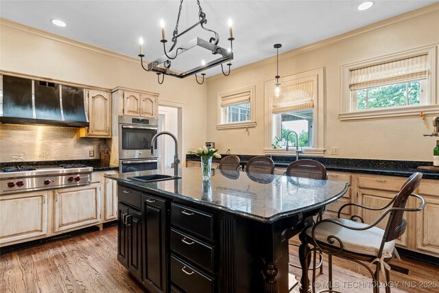 319 E 21st St, Tulsa, OK 74114 - kitchen featuring appliances with stainless steel finishes, exhaust hood, dark cabinetry, light brown cabinetry, and dark stone counters