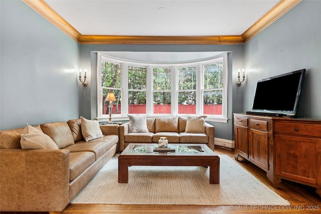 319 E 21st St, Tulsa, OK 74114 - living room featuring crown molding, healthy amount of natural light, wood finished floors, and baseboards