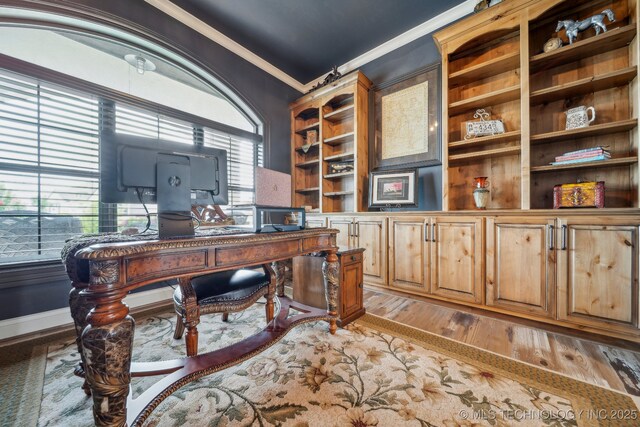 30907 E 68th St S, Broken Arrow, OK 74014 - office area with ornamental molding and light wood-style floors