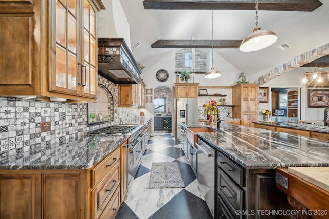 30907 E 68th St S, Broken Arrow, OK 74014 - kitchen with appliances with stainless steel finishes, open shelves, decorative backsplash, a sink, and brown cabinetry