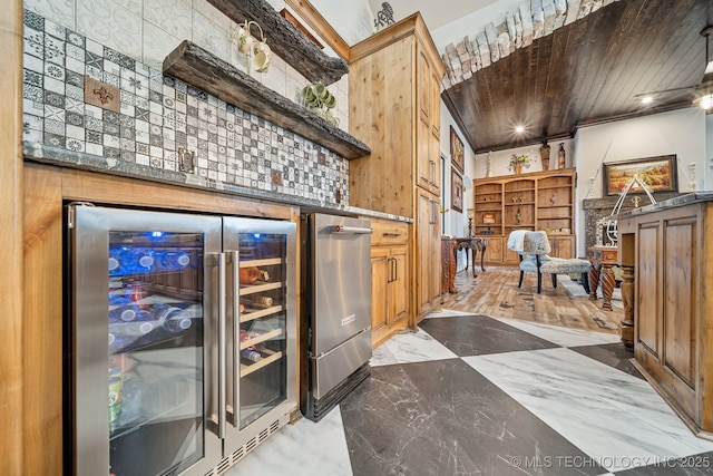 30907 E 68th St S, Broken Arrow, OK 74014 - indoor dry bar with beverage cooler, marble tiled floors, and wood ceiling