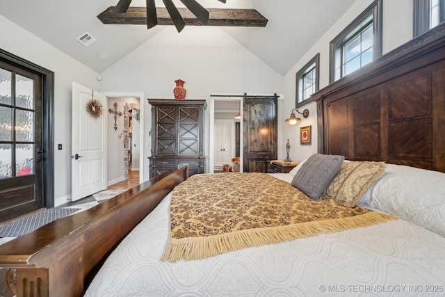 30907 E 68th St S, Broken Arrow, OK 74014 - bedroom with a barn door, high vaulted ceiling, beam ceiling, baseboards, and ceiling fan