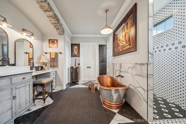 30907 E 68th St S, Broken Arrow, OK 74014 - full bath with vanity, a freestanding bath, crown molding, tile walls, and a shower