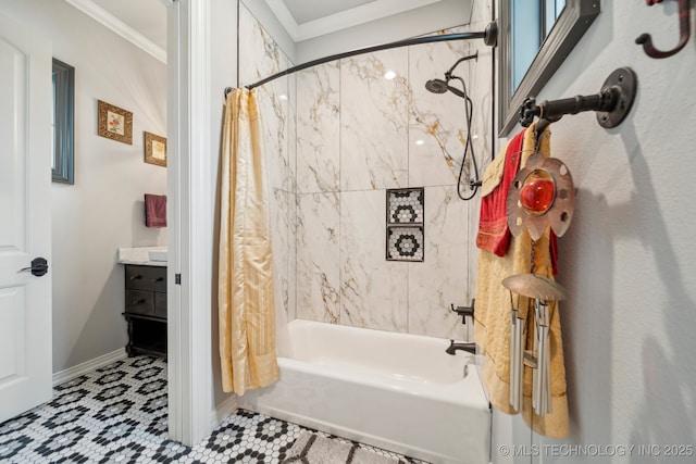 30907 E 68th St S, Broken Arrow, OK 74014 - full bath featuring crown molding, shower / bath combo, vanity, and baseboards