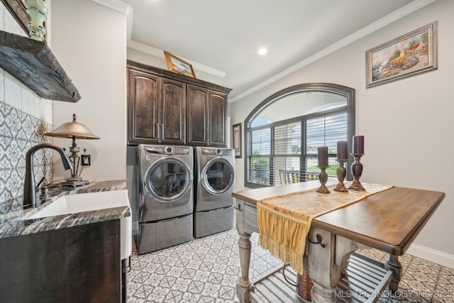 30907 E 68th St S, Broken Arrow, OK 74014 - laundry area featuring cabinet space, independent washer and dryer, ornamental molding, and recessed lighting