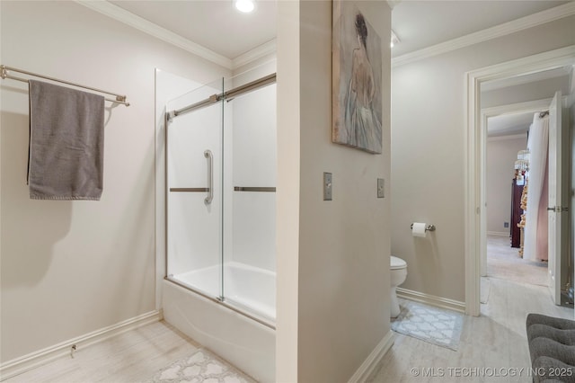 11406 69th E Pl, Bixby, OK 74008 - bathroom with bath / shower combo with glass door, crown molding, and wood finished floors