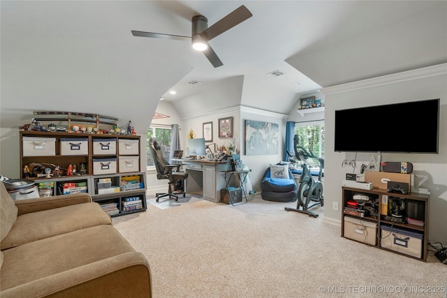 11406 69th E Pl, Bixby, OK 74008 - living area featuring carpet floors, an office area, ceiling fan, healthy amount of natural light, and lofted ceiling