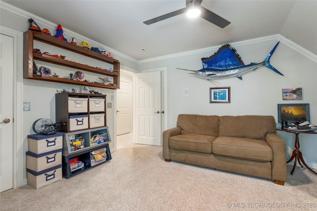 11406 69th E Pl, Bixby, OK 74008 - living area with carpet flooring, a ceiling fan, and ornamental molding