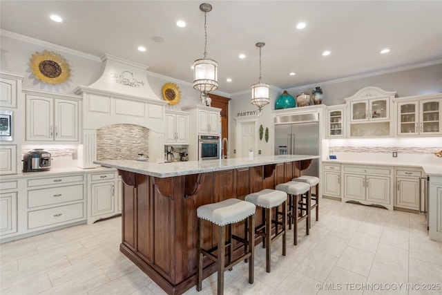 11406 69th E Pl, Bixby, OK 74008 - kitchen with backsplash, crown molding, stainless steel appliances, glass insert cabinets, and a breakfast bar area