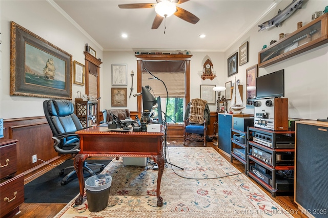 11406 69th E Pl, Bixby, OK 74008 - office featuring wood finished floors, a ceiling fan, crown molding, and recessed lighting