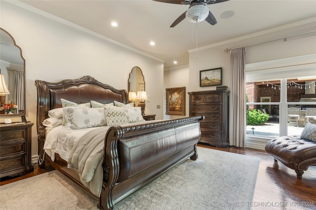11406 69th E Pl, Bixby, OK 74008 - bedroom with wood finished floors, ornamental molding, recessed lighting, and a ceiling fan