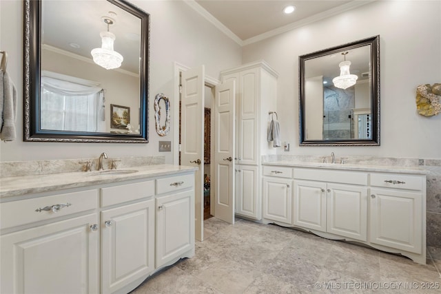 11406 69th E Pl, Bixby, OK 74008 - bathroom featuring crown molding, two vanities, and a shower