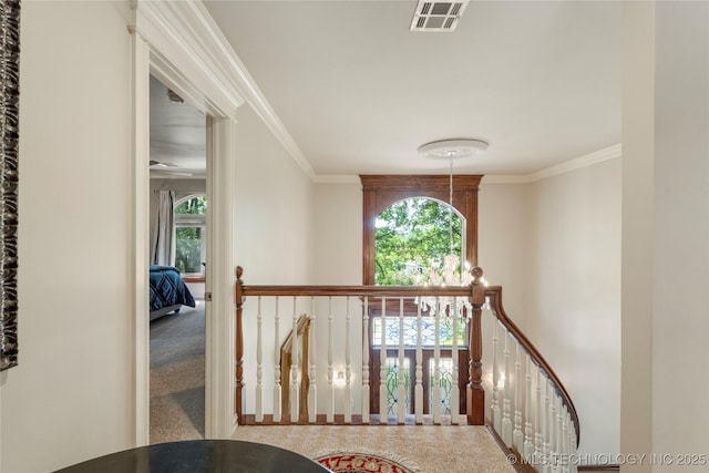 11406 69th E Pl, Bixby, OK 74008 - hall with an upstairs landing and crown molding
