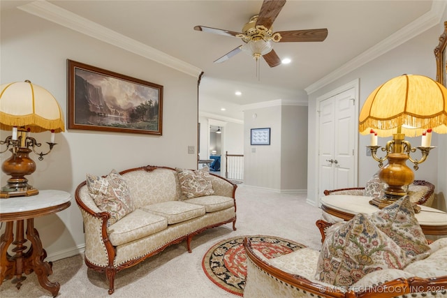 11406 69th E Pl, Bixby, OK 74008 - living room featuring carpet flooring, baseboards, ceiling fan, ornamental molding, and recessed lighting