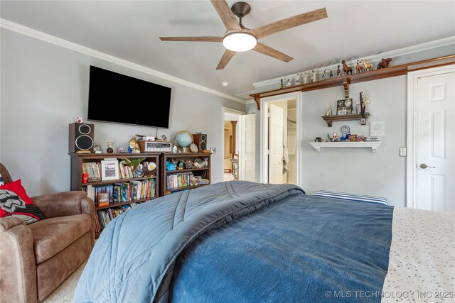 11406 69th E Pl, Bixby, OK 74008 - bedroom with crown molding, a ceiling fan, and connected bathroom
