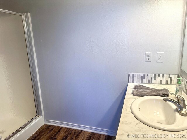 3293 W Southern Ave, Hulbert, OK 74441 - bathroom featuring a stall shower, wood finished floors, and vanity