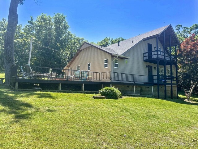 3293 W Southern Ave, Hulbert, OK 74441 - back of house with a balcony, a lawn, and a wooden deck