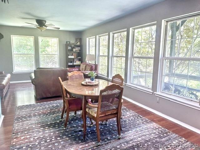 3293 W Southern Ave, Hulbert, OK 74441 - dining room featuring healthy amount of natural light, a ceiling fan, wood finished floors, and baseboards