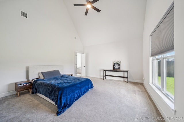 123 E 168th St, Glenpool, OK 74033 - carpeted bedroom featuring high vaulted ceiling, baseboards, and ceiling fan