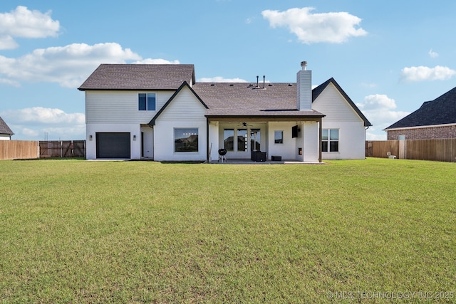 123 E 168th St, Glenpool, OK 74033 - rear view of house featuring roof with shingles, a chimney, a patio area, and a ceiling fan