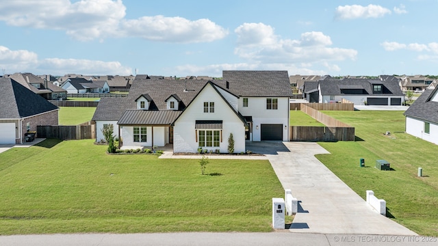 123 S 168th St, Glenpool, OK 74033 - modern farmhouse with a residential view, a garage, concrete driveway, and a standing seam roof