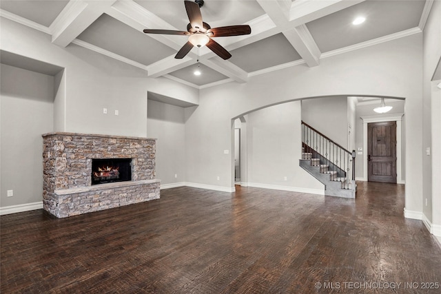 2236 W Charlotte St, Broken Arrow, OK 74011 - unfurnished living room featuring ceiling fan, coffered ceiling, beam ceiling, wood finished floors, and stairway