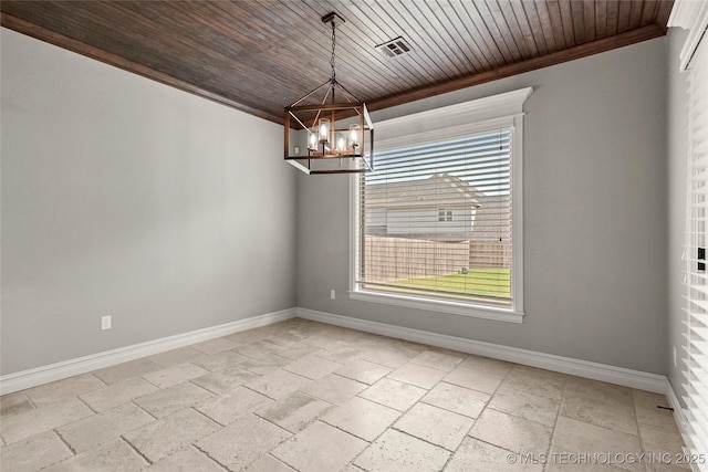 2236 W Charlotte St, Broken Arrow, OK 74011 - spare room featuring stone tile flooring, baseboards, a chandelier, wood ceiling, and crown molding