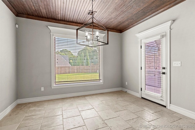 2236 W Charlotte St, Broken Arrow, OK 74011 - unfurnished dining area with ornamental molding, baseboards, a chandelier, stone tile floors, and wooden ceiling