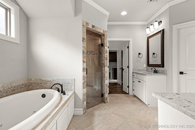 2236 W Charlotte St, Broken Arrow, OK 74011 - full bath with a shower stall, vanity, a jetted tub, crown molding, and tile patterned floors