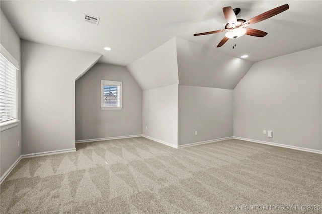 2236 W Charlotte St, Broken Arrow, OK 74011 - bonus room featuring carpet, ceiling fan, vaulted ceiling, baseboards, and recessed lighting
