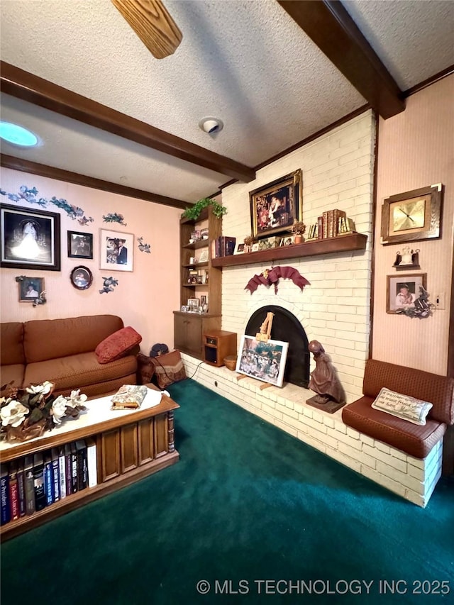 7122 S Shelby Ln, Broken Arrow, OK 74014 - carpeted living room with beam ceiling, a textured ceiling, and a fireplace