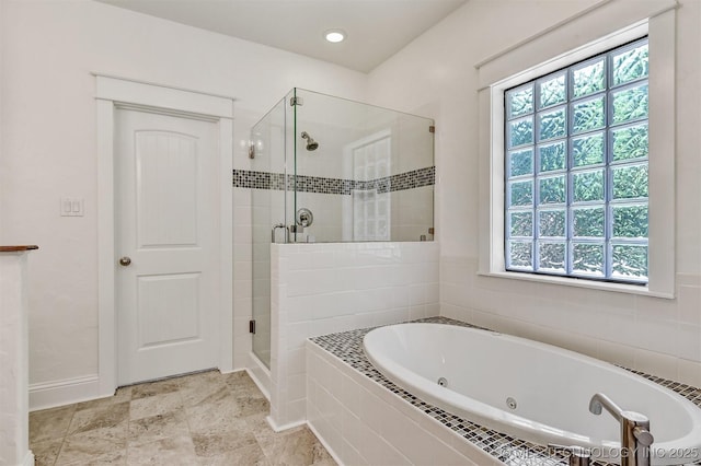 900 W Hardesty Rd, Caddo, OK 74729 - full bathroom featuring a stall shower, healthy amount of natural light, a jetted tub, recessed lighting, and baseboards