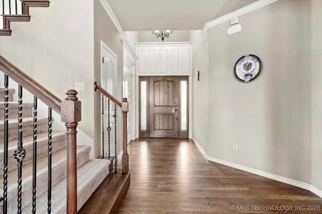 12643 S 67th E Ave, Bixby, OK 74070 - entryway featuring wood finished floors, stairway, baseboards, crown molding, and a chandelier