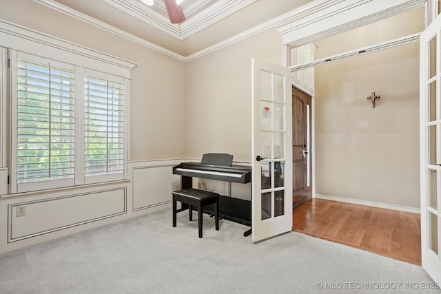 12643 S 67th E Ave, Bixby, OK 74070 - carpeted office featuring french doors, crown molding, a wainscoted wall, and wood finished floors