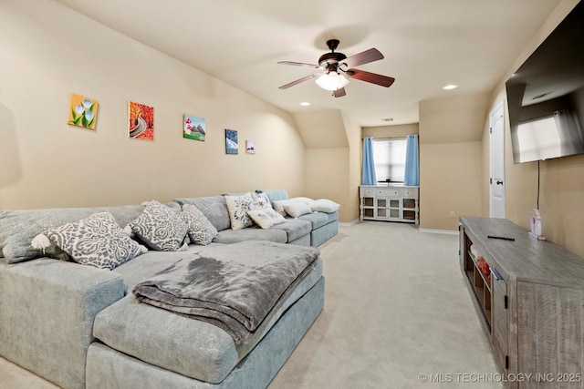 12643 S 67th E Ave, Bixby, OK 74070 - living room featuring a ceiling fan, light carpet, baseboards, lofted ceiling, and recessed lighting