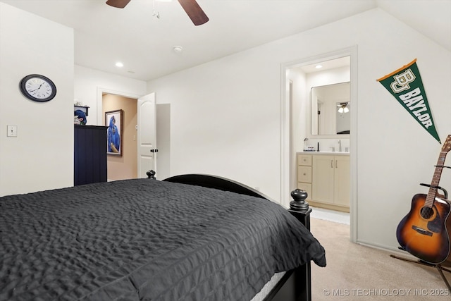 12643 S 67th E Ave, Bixby, OK 74070 - bedroom with light colored carpet, a sink, ensuite bath, recessed lighting, and ceiling fan