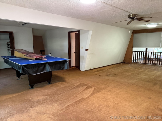 2099 S 80th St E, Muskogee, OK 74403 - playroom with a ceiling fan, carpet, billiards, and a textured ceiling