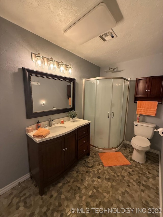 1732 N Little, Cushing, OK 74023 - bathroom with a textured ceiling, a shower stall, vanity, toilet, and tile patterned floors