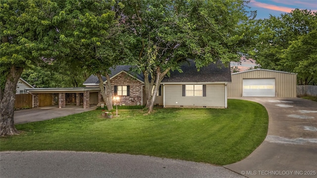 1732 N Little, Cushing, OK 74023 - view of front of house with concrete driveway, an outdoor structure, a detached garage, crawl space, and roof with shingles
