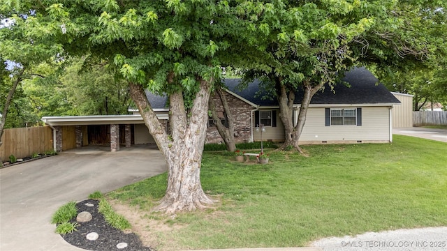 1732 N Little, Cushing, OK 74023 - view of front of house with driveway, a shingled roof, a carport, and crawl space