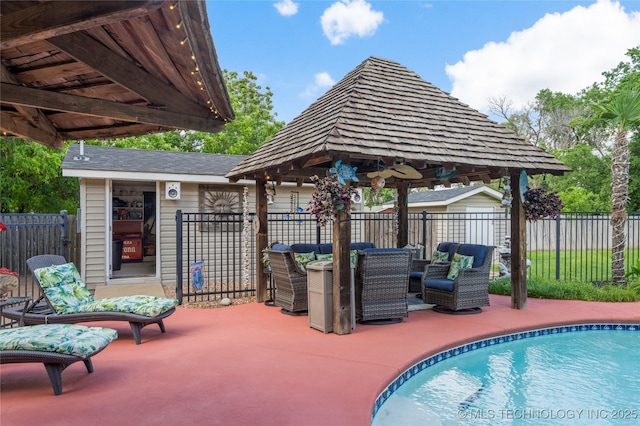 1732 N Little, Cushing, OK 74023 - view of pool featuring a gazebo, a patio area, a fenced backyard, and an outbuilding