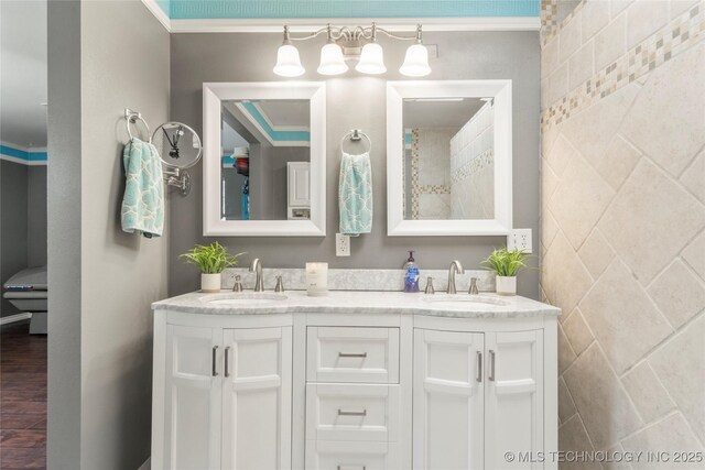 1732 N Little, Cushing, OK 74023 - bathroom featuring double vanity and ornamental molding