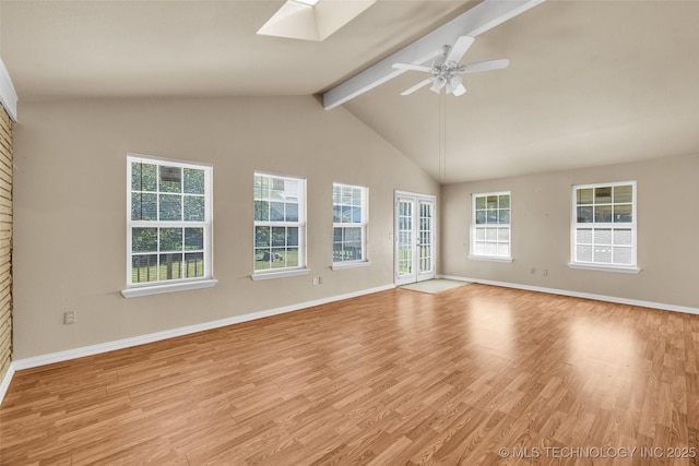 9429 E 36th St, Tulsa, OK 74145 - spare room with a skylight, beam ceiling, light wood finished floors, ceiling fan, and baseboards