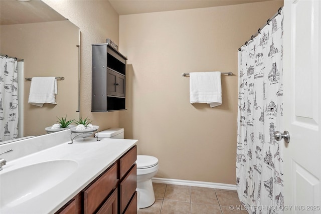 20225 E 44th St S, Broken Arrow, OK 74014 - bathroom with toilet, vanity, tile patterned flooring, baseboards, and a shower with shower curtain