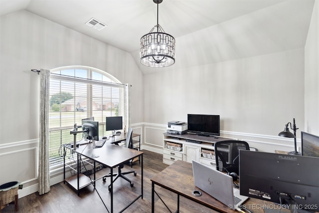 5720 E 144th St N, Collinsville, OK 74021 - office space with lofted ceiling, dark wood finished floors, a chandelier, and wainscoting