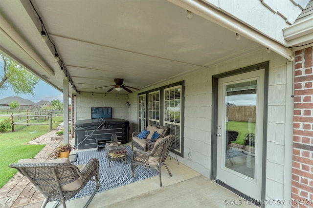 5720 E 144th St N, Collinsville, OK 74021 - view of patio / terrace with a hot tub and ceiling fan