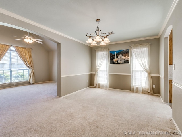 4708 W Indianola St, Broken Arrow, OK 74012 - carpeted empty room featuring arched walkways, a chandelier, crown molding, ceiling fan, and baseboards